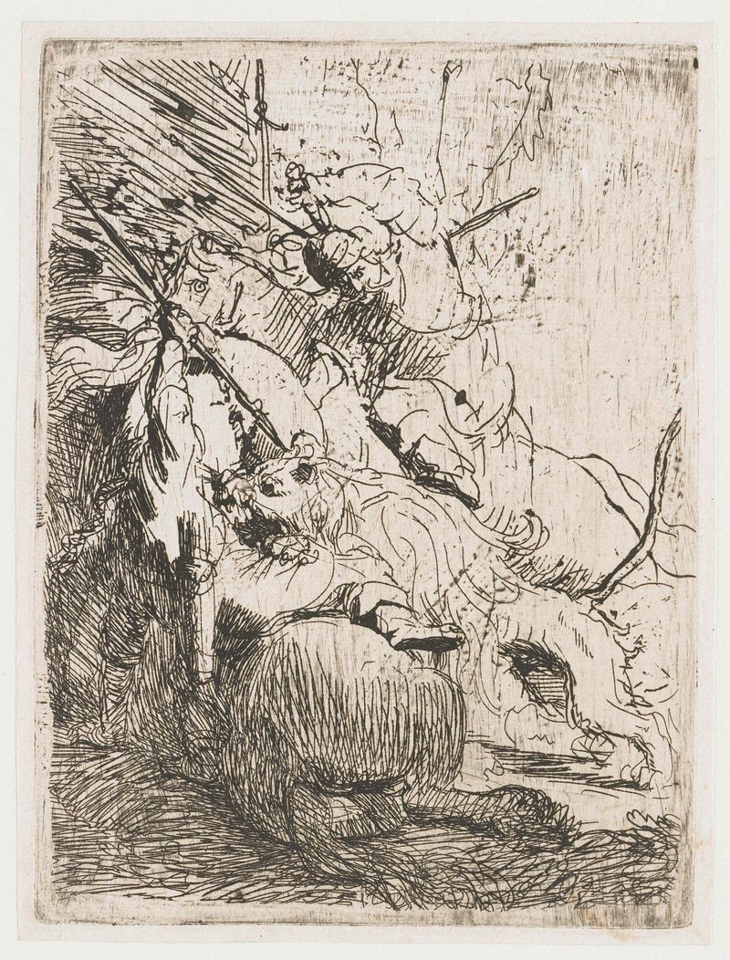 Etching by Rembrandt van Rijn depicting a lion hunt scene.