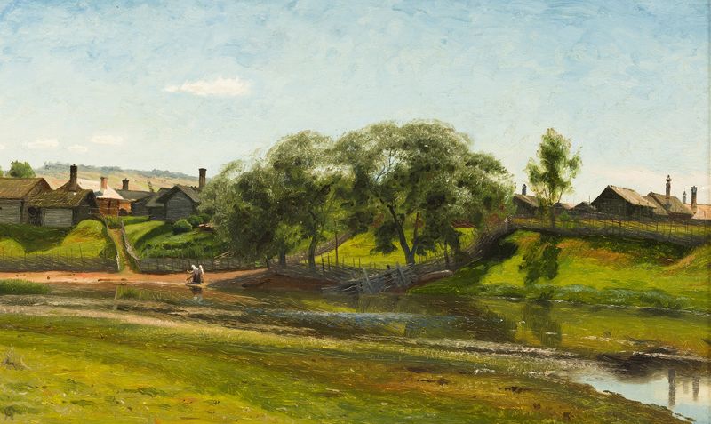 Landscape of a village by a river, oil painting by Olof Arborelius