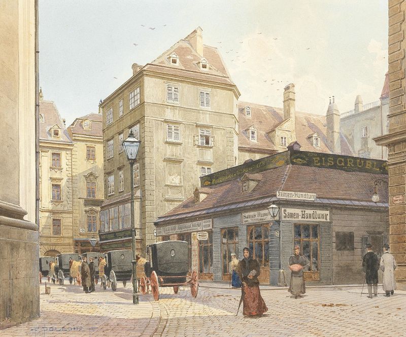 Eisgrübl, Vienna by Franz Poledne, oil on canvas depicting a tranquil icy river landscape.