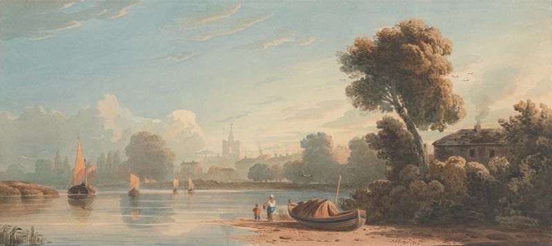 Chiswick de John Varley, acuarela sobre papel que muestra un río tranquilo y cielo.