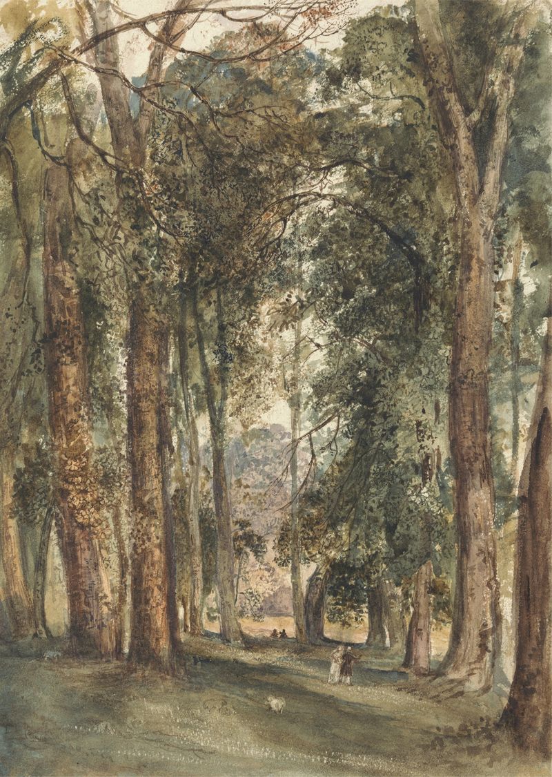 Kensington Gardens de John Martin, óleo sobre lienzo, con un paisaje tranquilo y flores junto a una figura solitaria.