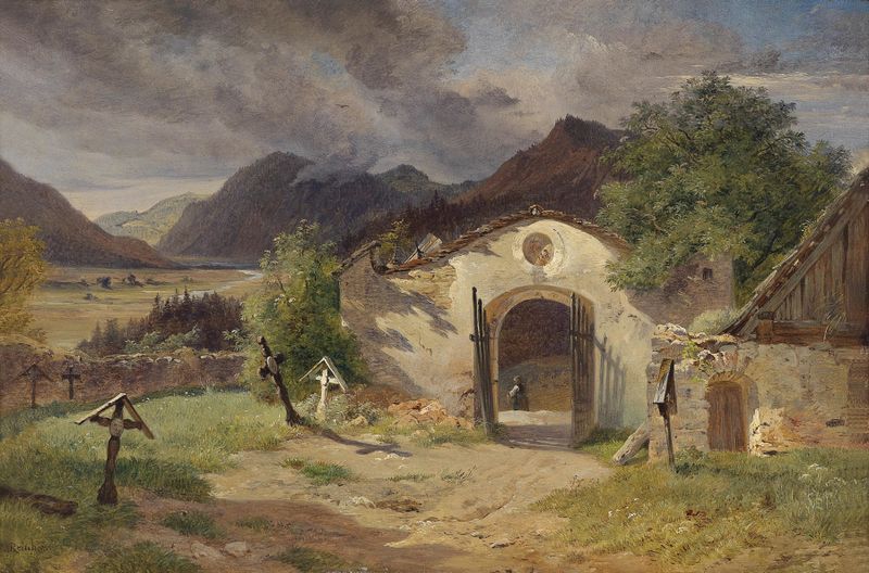 Friedhof im Salzkammergut by Franz Xaver Reinhold, oil on canvas depicting a graveyard at dusk.