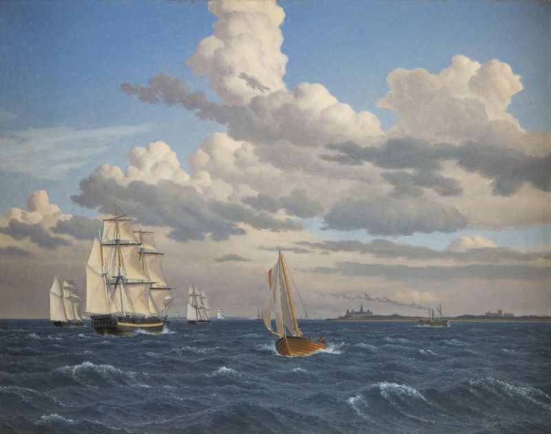 Ships in the Sound North of Kronborg Castle, oil on canvas by Christoffer Wilhelm Eckersberg