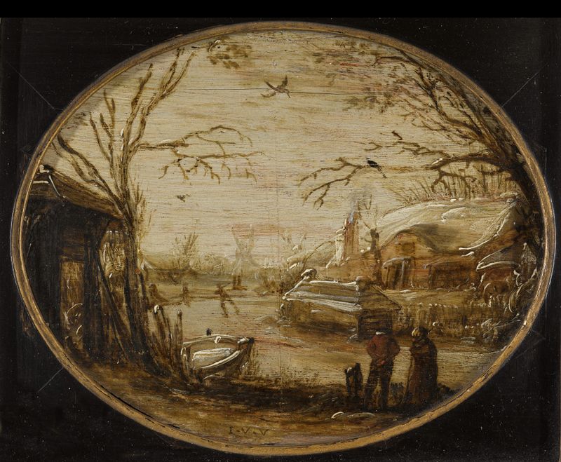 Winter landscape engraving by Jan van de Velde the younger, depicting snow-covered earth and soft skies.