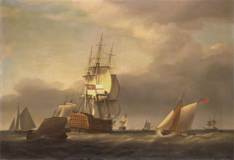 Cenário marinho com navios de guerra e pequenas embarcações, óleo sobre tela de Francis Holman