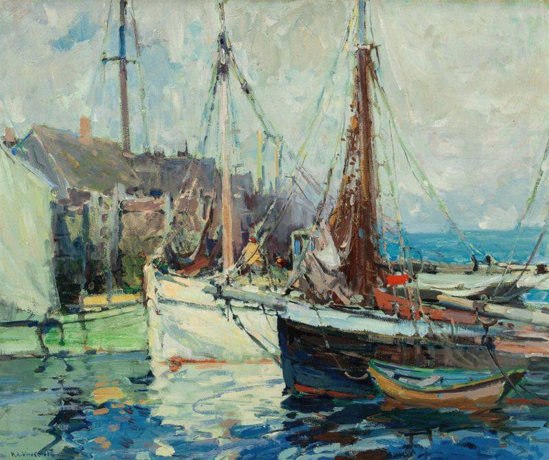 A Fish Buyers’ Wharf by Harry Aiken Vincent, oil painting depicting a tranquil wharf scene.