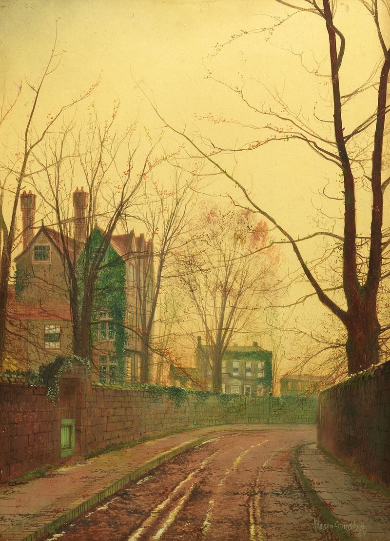 Autumn afternoon oil painting by John Atkinson Grimshaw featuring vibrant leaves and a sunset.