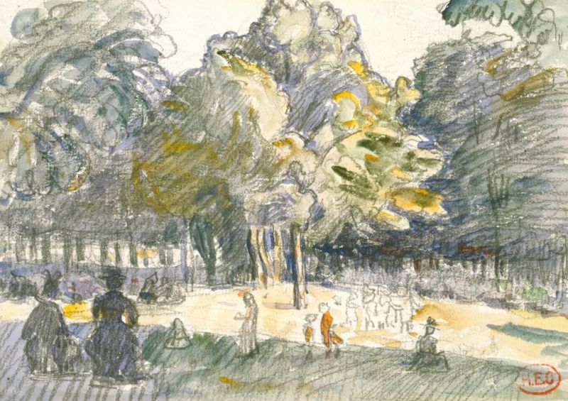 Estudio para ‘Le Ranelagh’ de Henri-Edmond Cross, pintura al óleo que representa un paisaje vibrante con figuras.