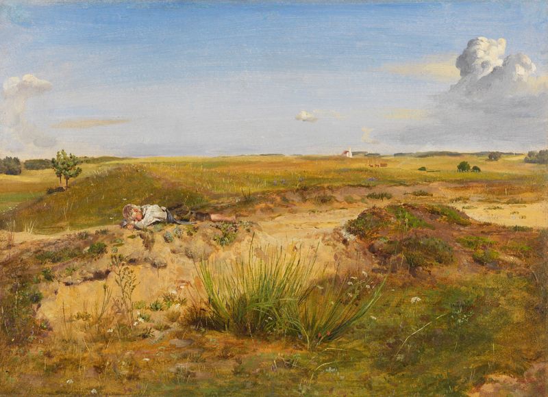 Landschaft mit schlafendem Hirtenknaben, óleo sobre tela de Franz von Lenbach, retratando um menino pastor descansando.