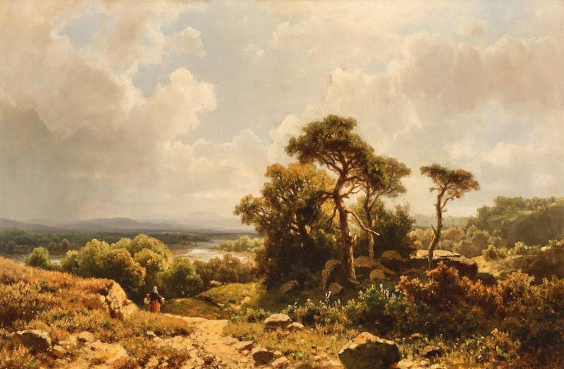 Oil painting by Adolf Chwala depicting rolling hills and a vast sky.
