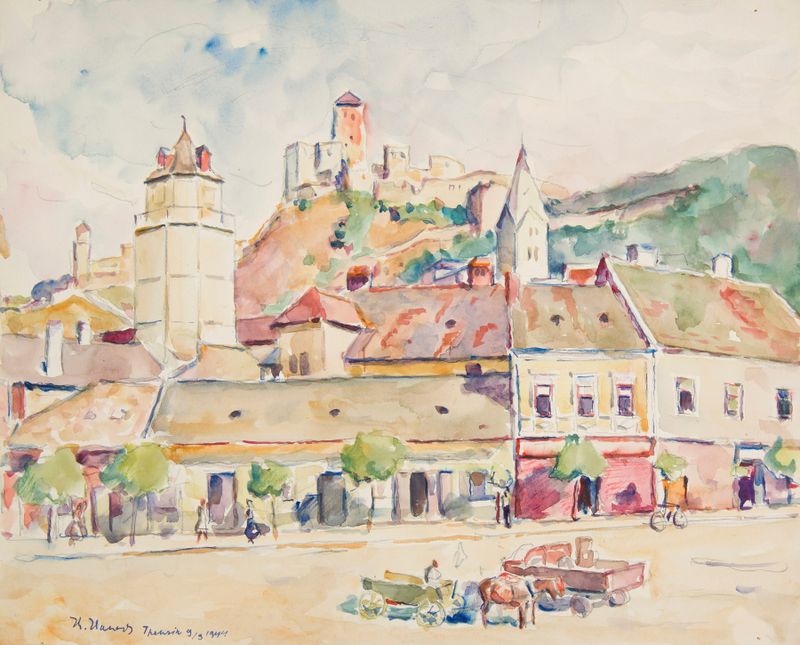 Landscape oil painting by Ivan Ivanec depicting a city and castle on a hill