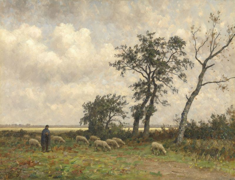 Landscape in Drenthe by Alphonse Stengelin, oil painting depicting fields and a tranquil sky.