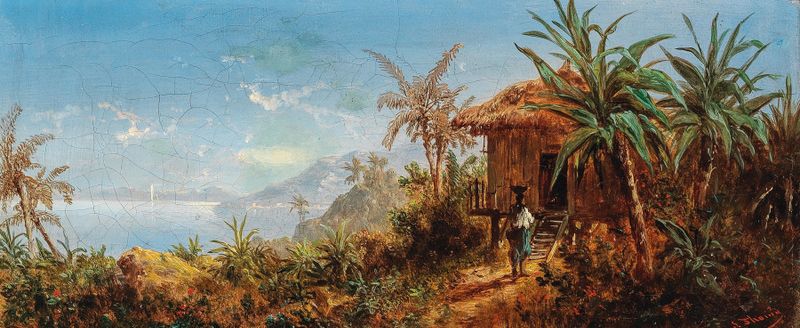 Estudo de Paisagem da América do Sul de Josef Thoma, pintura a óleo com vegetação exuberante e um céu vibrante.