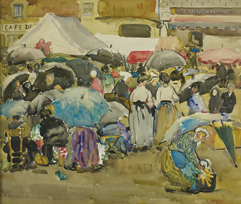 Aquarela de Montmartre por Alice Schille mostrando ruas vibrantes e luz do sol.