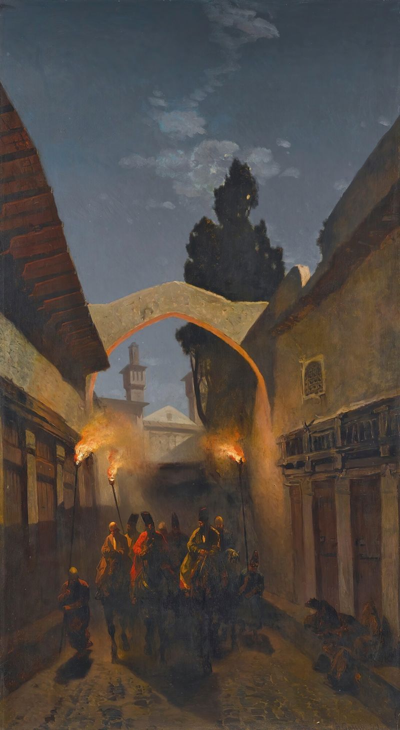 Nocturnal Cavalcade, óleo sobre lienzo de Alberto Pasini, con una caravana en un paisaje nocturno.