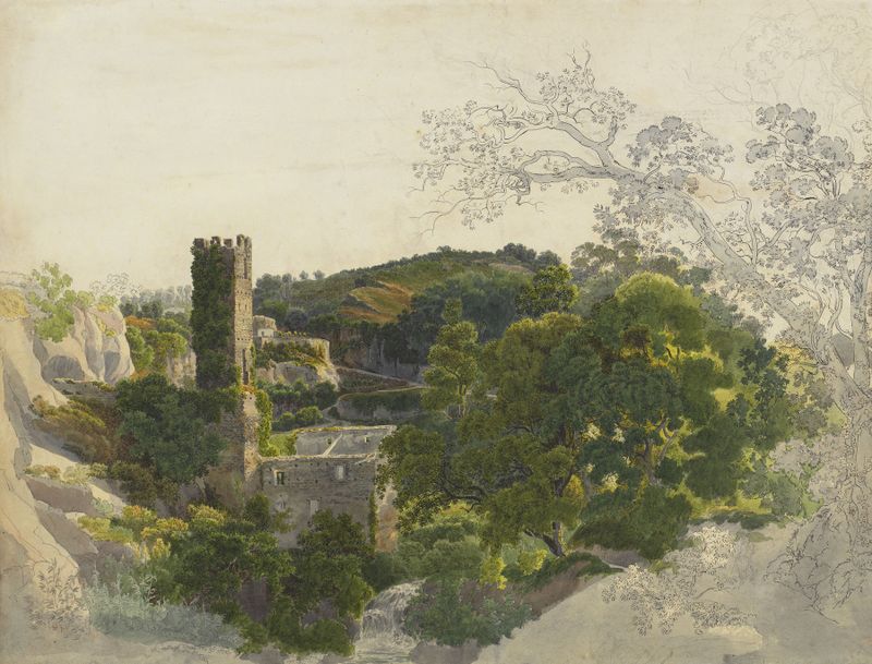 Ruins of a fortified tower among wooded hills, oil painting by Friedrich Salathé