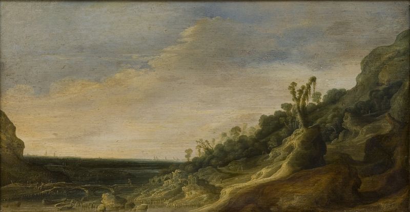 Mountain Scenery with a View of a River and the Sea by Jacob van Geel, oil painting