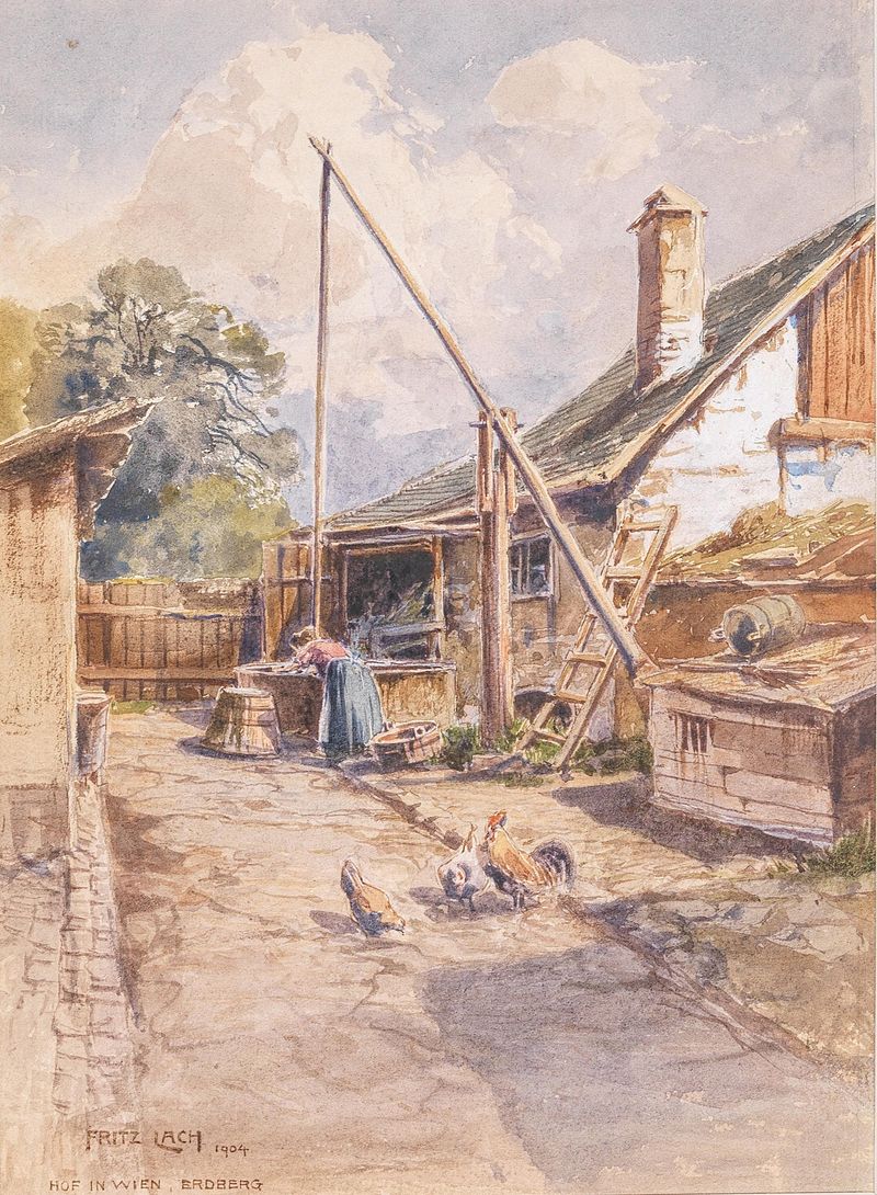 Hof in Wien Erdberg by Fritz Lach, oil on canvas depicting a tranquil courtyard with a willow tree.