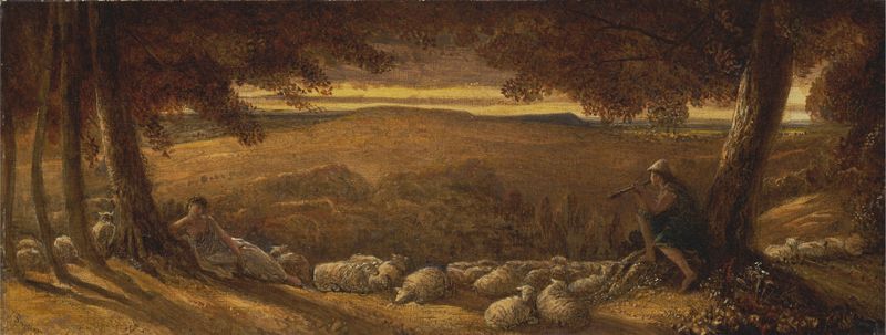 Evening Pasture by James Smetham, oil painting depicting a tranquil landscape at dusk
