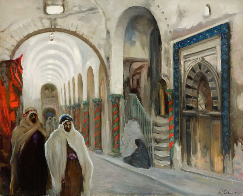 Genre scene of a market in Kairouan by Kazimierz Stabrowski, oil painting