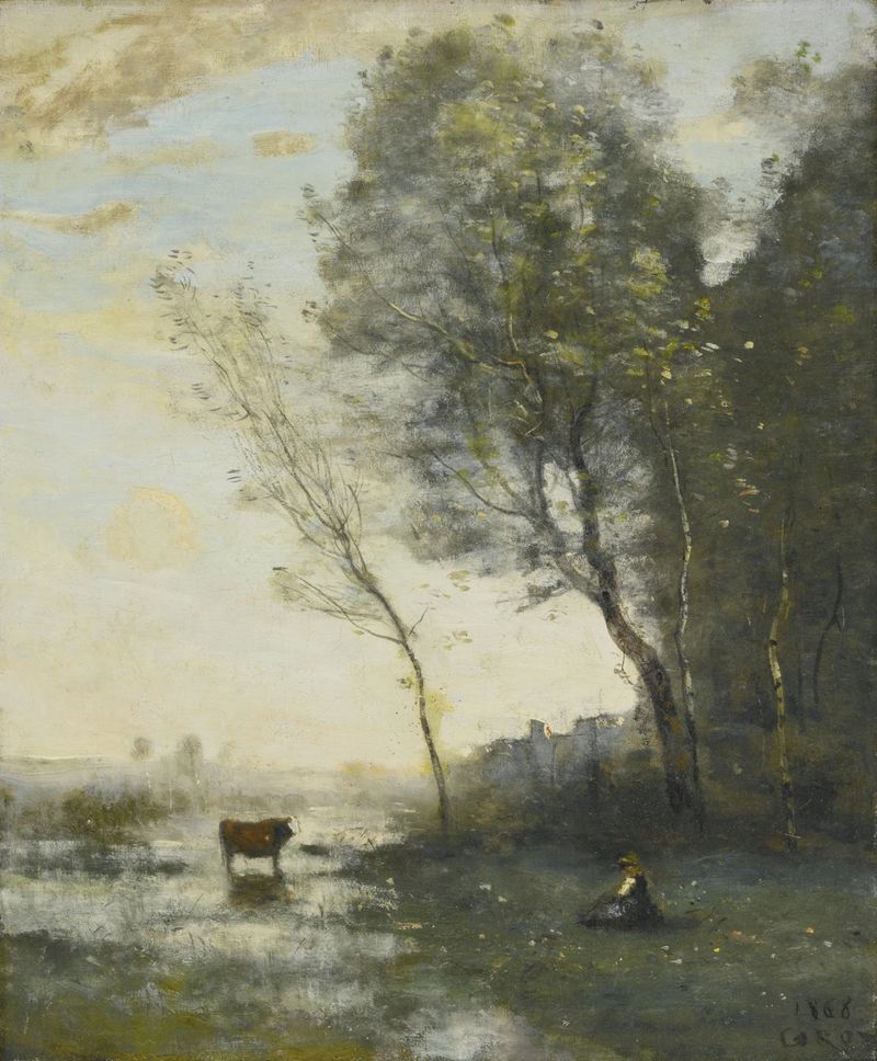 Óleo sobre lienzo de Jean-Baptiste-Camille Corot que muestra a una mujer campesina junto a un río con una vaca.