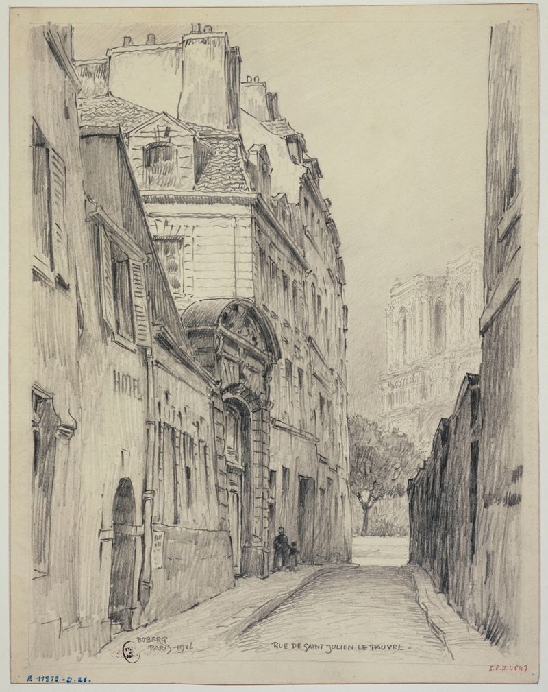 La rue Saint-Julien-le-Pauvre, óleo sobre lienzo de Ferdinand Boberg, que representa una calle iluminada por el sol.
