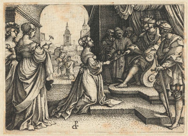 Ester knielt voor Ahasveros grabado de Georg Pencz que muestra a Esther de rodillas.