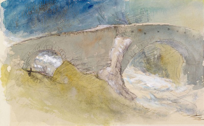 Old Bridge over a Mountain Torrent by John Ruskin, oil painting depicting a bridge over a rushing river