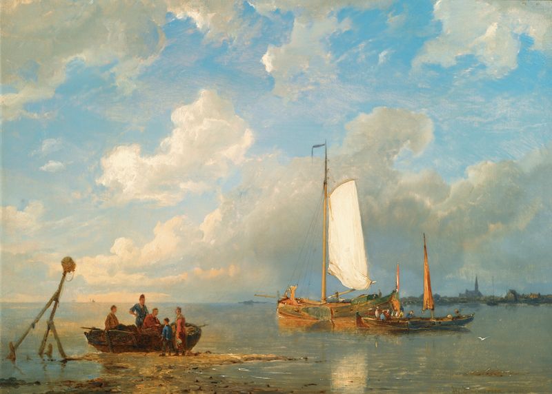 Shipping In A Dutch Estuary At Low Tide, oil on canvas by Pieter Cornelis Dommersen, featuring boats in an estuary.