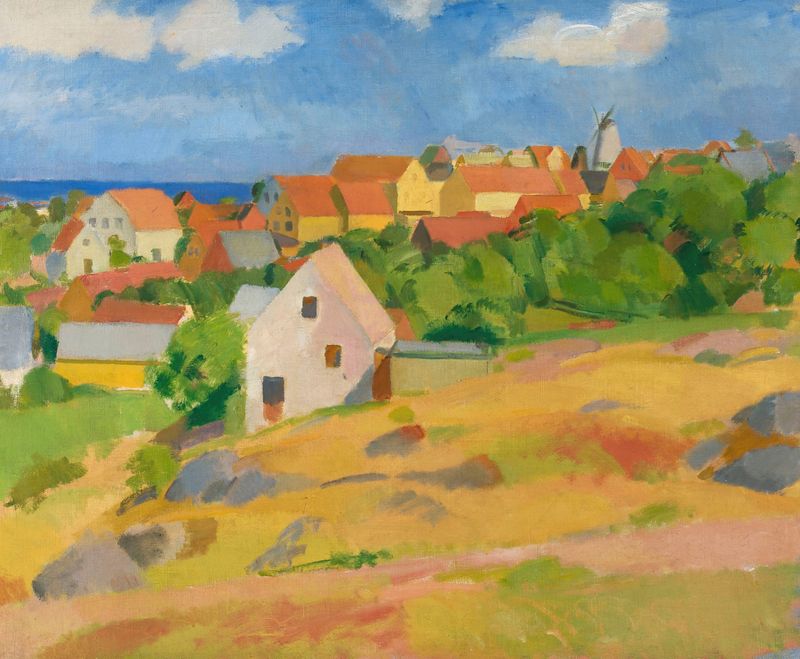 Coastal landscape oil painting by Karl Isakson depicting Gudhjem.