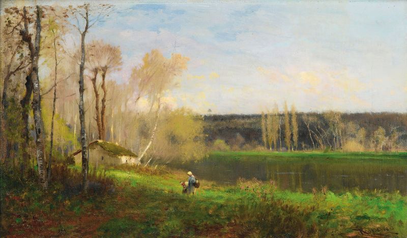 Figurative scene of a woman and child by a pond, oil painting by Federico Rossano