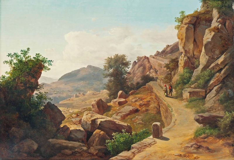 Viajantes em uma estrada toscana, pintura a óleo de Karl Marko, apresentando figuras caminhando por um caminho empoeirado.