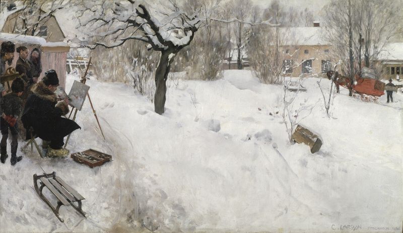 Winter scene with an open-air painter by Carl Larsson, realism