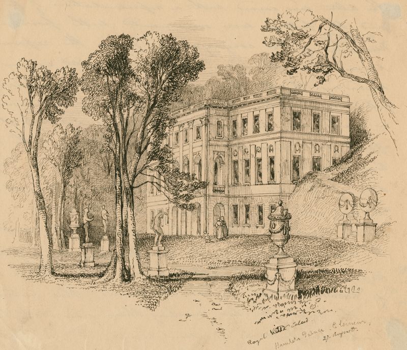 Royal villa called Hamlet’s Palace, Unknown Artist, arquitectura en luz dorada, Romanticismo