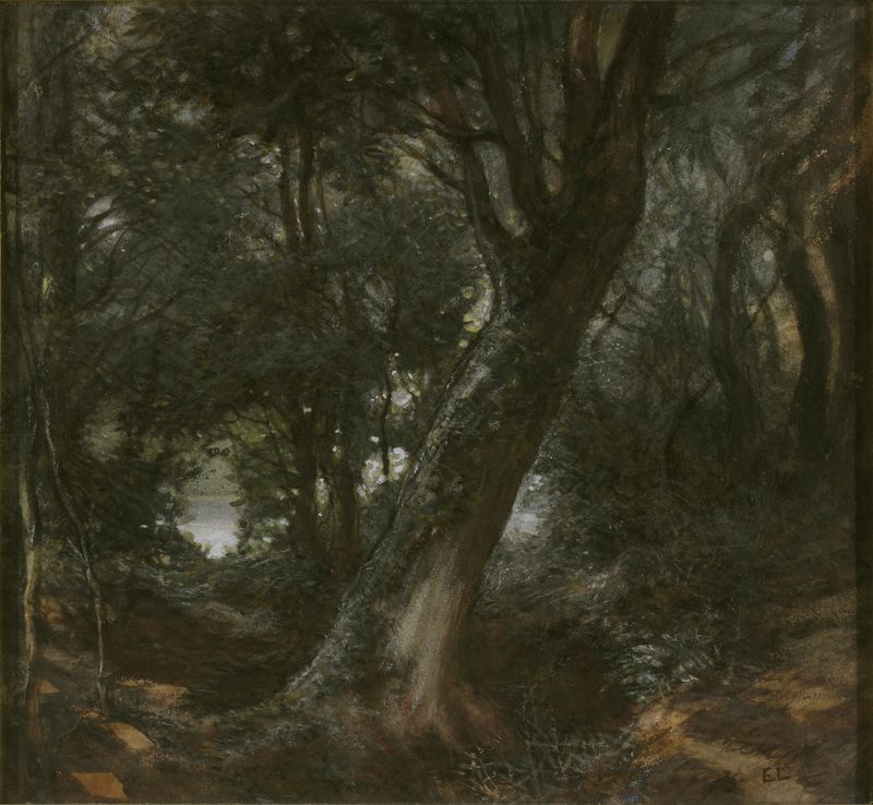 Escena de bosque con luz filtrada, pintura al óleo de Egron Lundgren