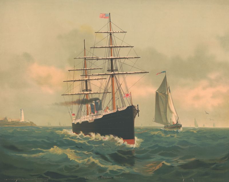 Litografía de Schultz & Co. Lith que representa barcos en el puerto de Boston con reflejos en el agua.