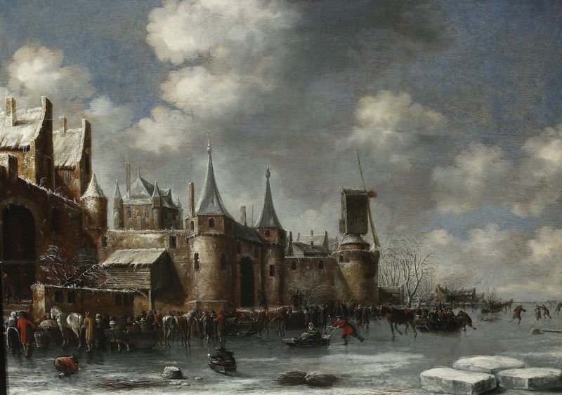 Skating scene on a frozen canal by Thomas Heeremans, oil on canvas