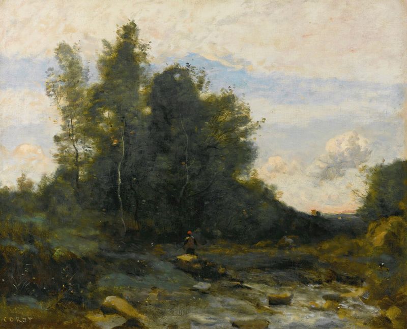Pintura al óleo de Jean-Baptiste-Camille Corot que muestra una ribera tranquila al anochecer.