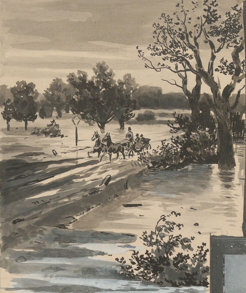 Flooded landscape with trees and reflective water by Moritz Ledeli, oil painting