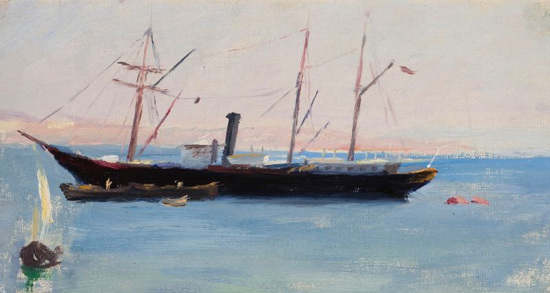 Pintura a óleo de paisagem de Jan Ciągliński mostrando um pôr do sol sobre uma cidade distante