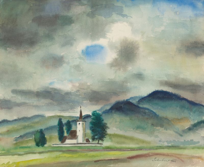Landscape around Varín by Július Schubert, post-impressionism, depicts a winding path and muted colors.