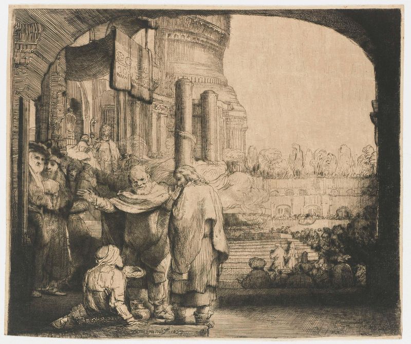 Gravura de Rembrandt van Rijn mostrando São Pedro e São João no templo com colunas e figuras
