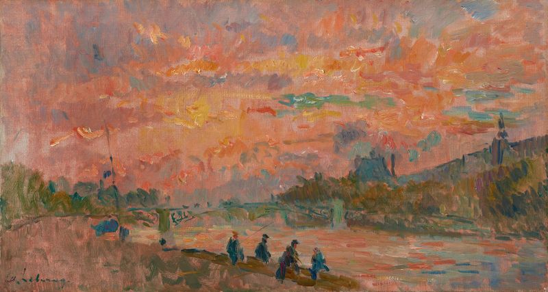 Coucher de soleil sur la Seine, à Paris by Albert Lebourg, oil painting depicting a sunset over the Seine.