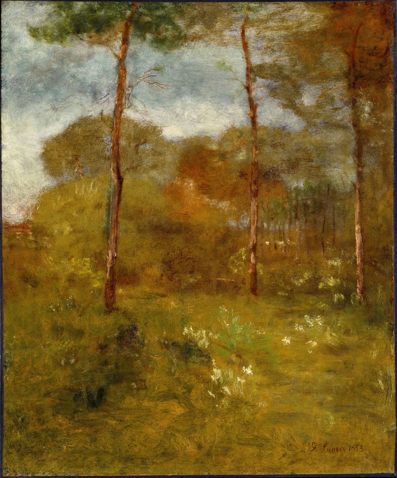 Orange Road, Tarpon Springs de George Inness, pintura a óleo de uma estrada sinuosa com árvores e luz do sol.