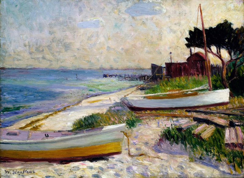 Beach Scene de William James Glackens, pintura al óleo que muestra figuras en una playa soleada.