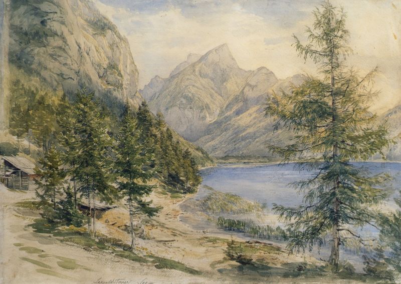 Leopoldsteiner See by Josef Höger, oil on canvas depicting a tranquil lake with reflections of trees and sky.
