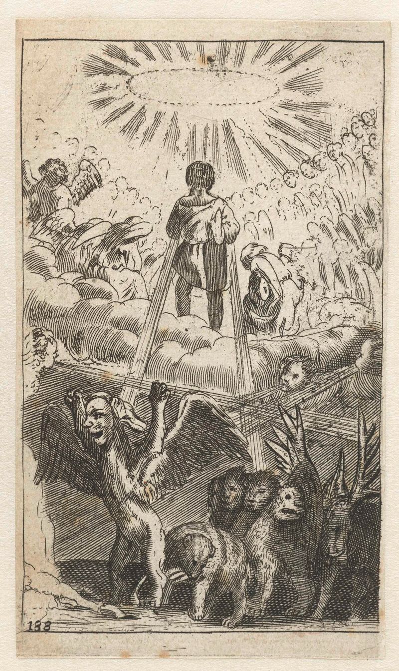 Engraving by Salomon Italia depicting four beasts emerging from chaos.