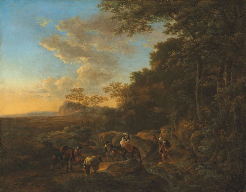 A wooded landscape with travellers crossing a ford by Jan Both, oil painting