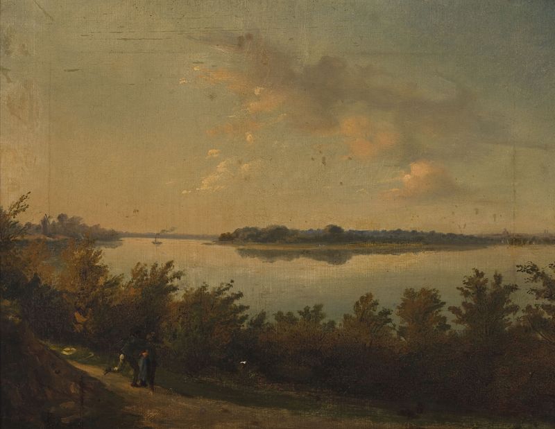 Landscape at sunset de Jan Feliks Piwarski, pintura a óleo que retrata um céu vibrante e árvores