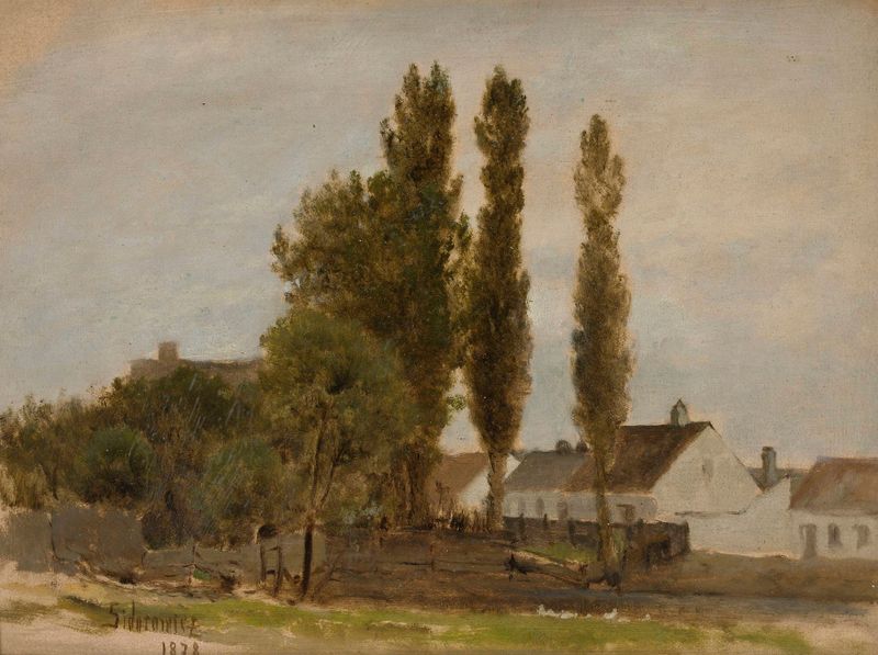 Landscape with trees and houses by Zygmunt Sidorowicz, oil painting